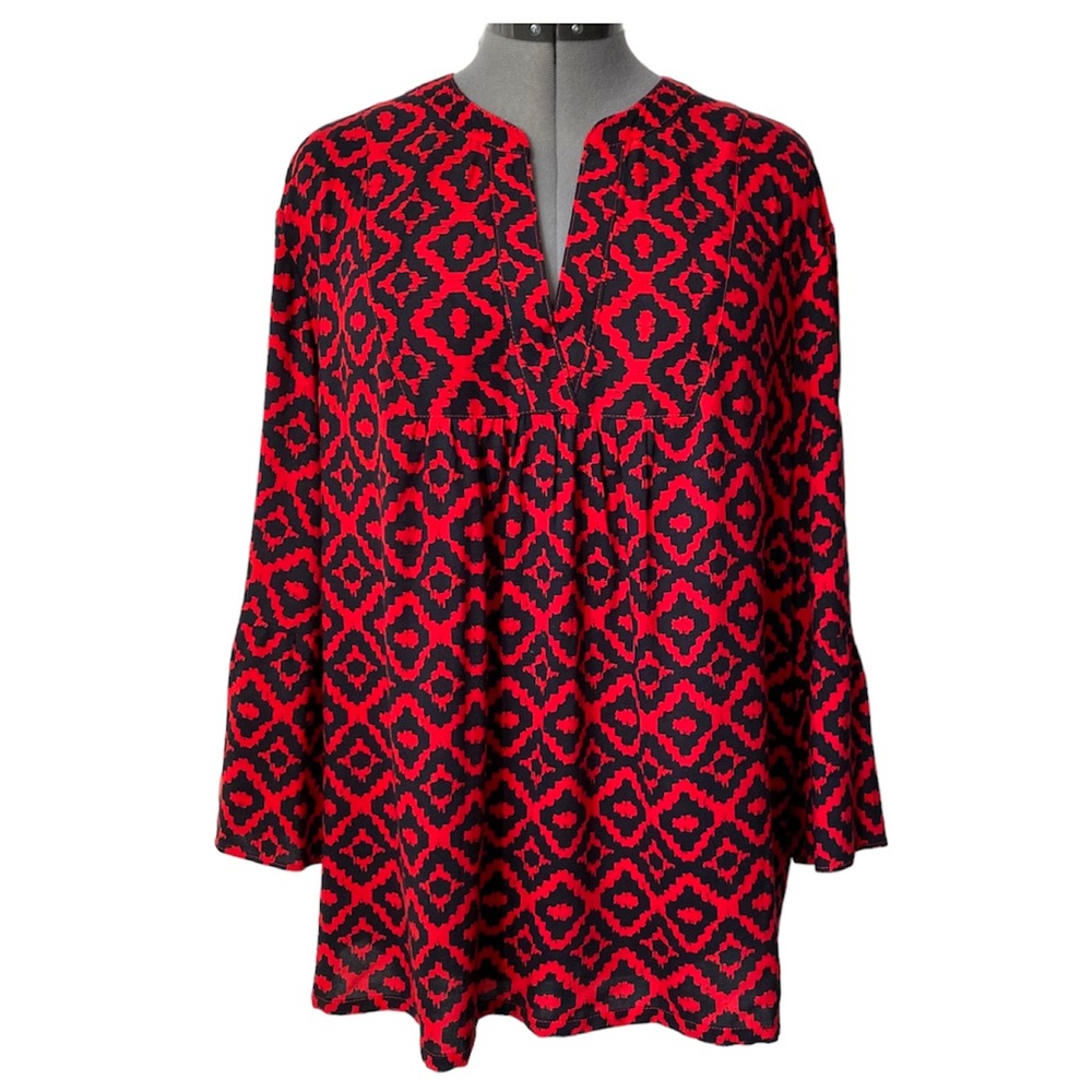 Boho geometric print tunic top with flounce sleeves XL